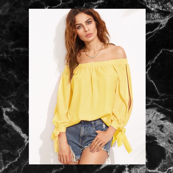 Tops - YELLOW SPLIT SELF TIE SLIP BARDOT TOP SZ L